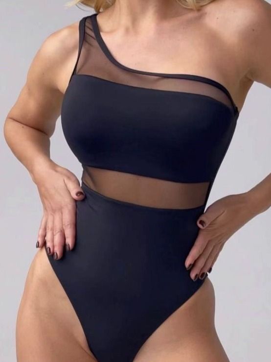 Maillot de bain une pièce sexy en maille ajourée à une épaule de couleur unie_voghion.com