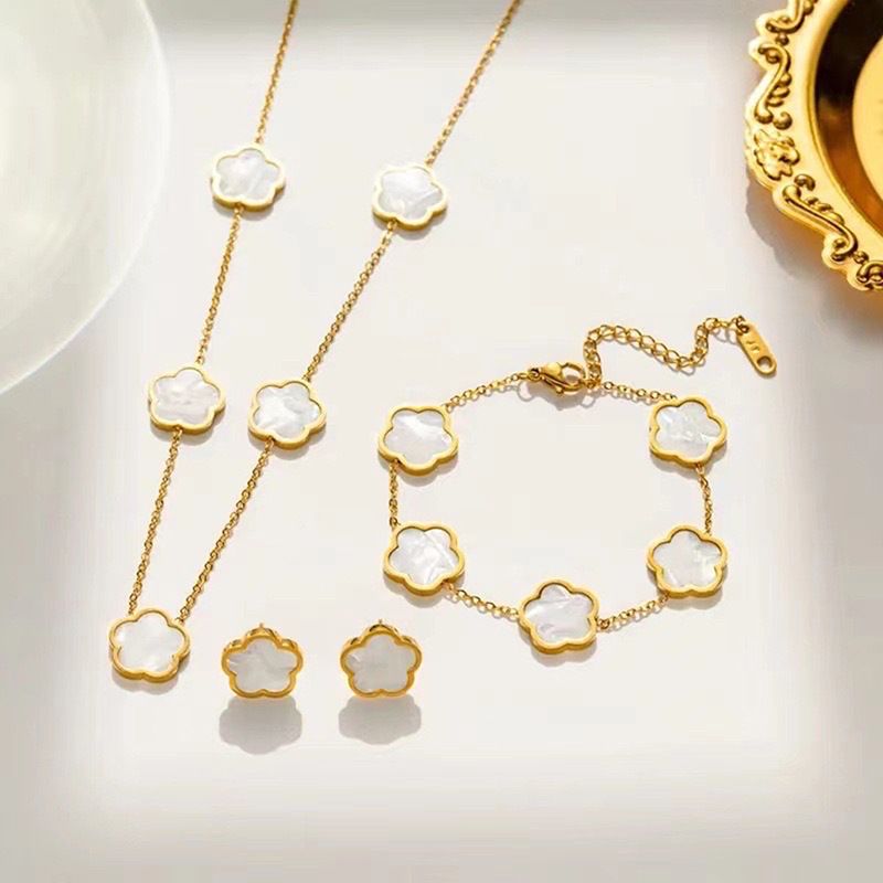 Grenzüberschreitender E-Commerce-Glücksklee mit fünfblättrigem Kleeblatt, doppelseitiges Blütenblatt, goldene Ohrringe, Armband, Halskette, Damen-Schmuckset_voghion.com