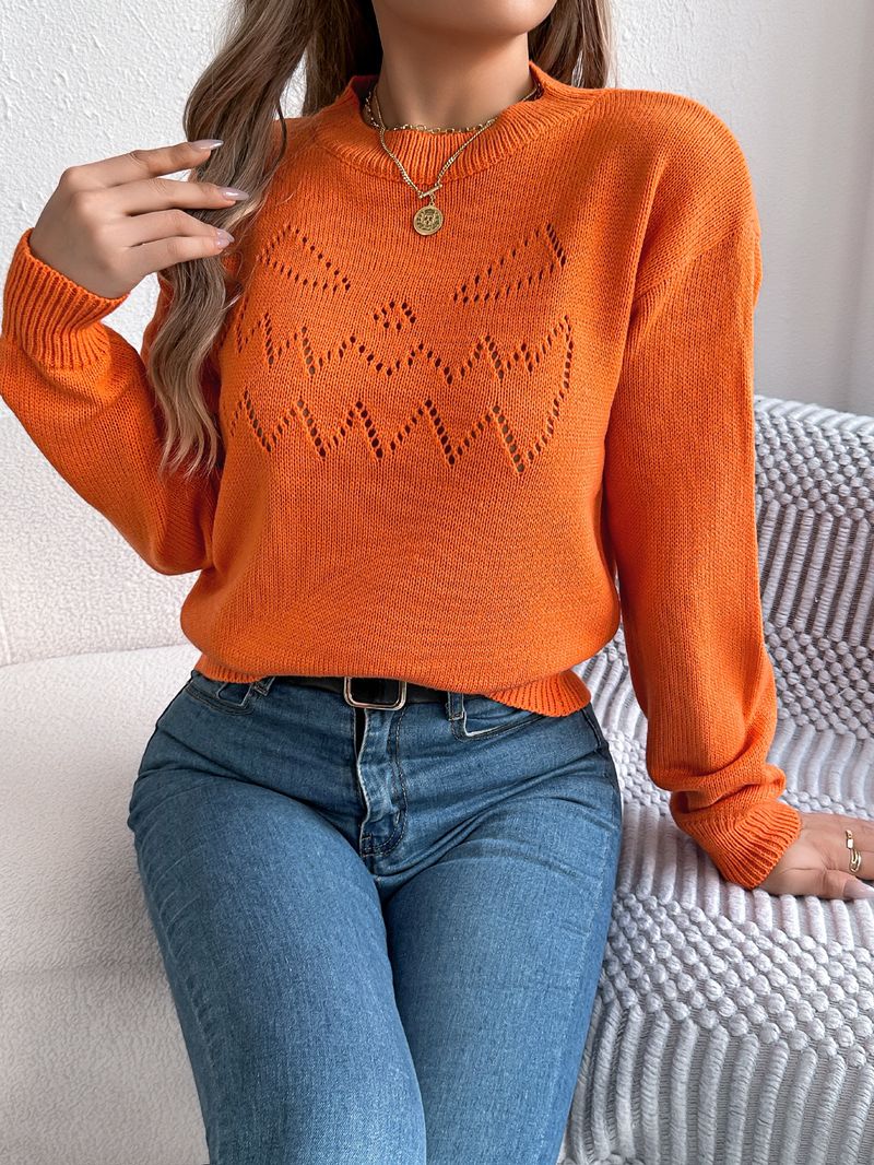 2025 Solid Color Hollow Lantern Long Sleeve Pullover Sweater Halloween Women's Clothing_voghion.com