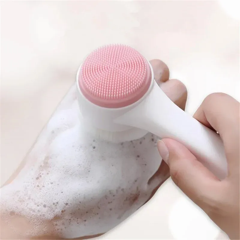 3D Double Silicone Facial Cleansing Brush Manual Massage Facial Brush Soft Bristles Exfoliator Double Sided Face Wash Brush_voghion.com