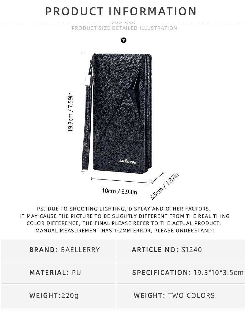 New Men's Wallet Long baellerry Business Casual Litchi Pattern Zipper Clutch Multi-Card Wallet_voghion.com