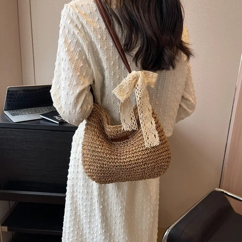 Vintage Frauen gewebte Schulter einfarbig Spitze Band Tote Handb Wicker Boho Stroh Tasche für Sommer Strand Griff Beige_voghion.com
