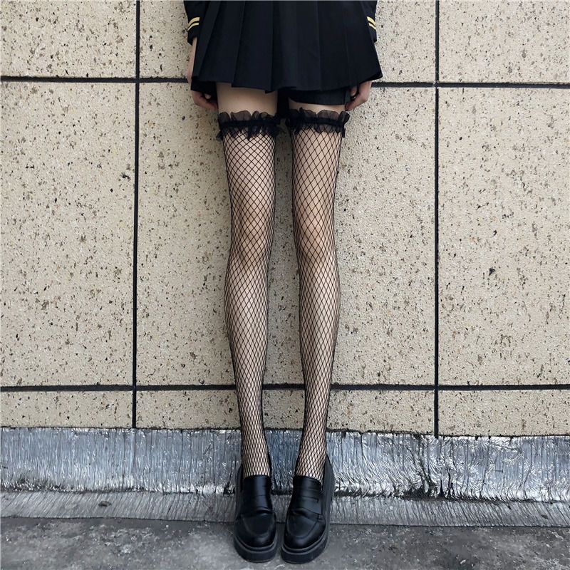 Calzini lunghi a rete con pizzo sopra il ginocchio per donna, carini, stile sottile, sexy, dimagranti, stile JK_voghion.com