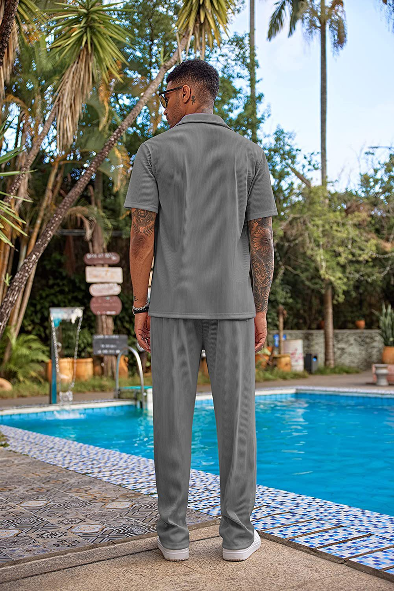Calças compridas de manga curta de cor sólida masculina nova solta conjunto casual_voghion.com