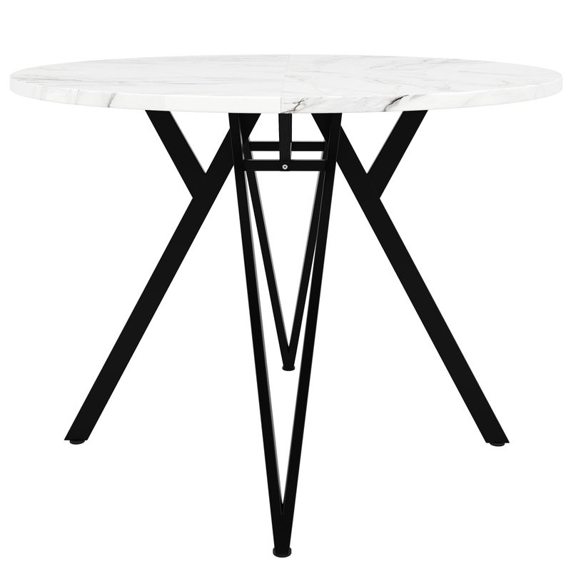 5-teiliges Esstisch-Set Mit Runder Tischplatte (Ø100 Cm), Schwarze Metallbeine, MDF-Marmoroptik, Graue Leinenstühle_voghion.com