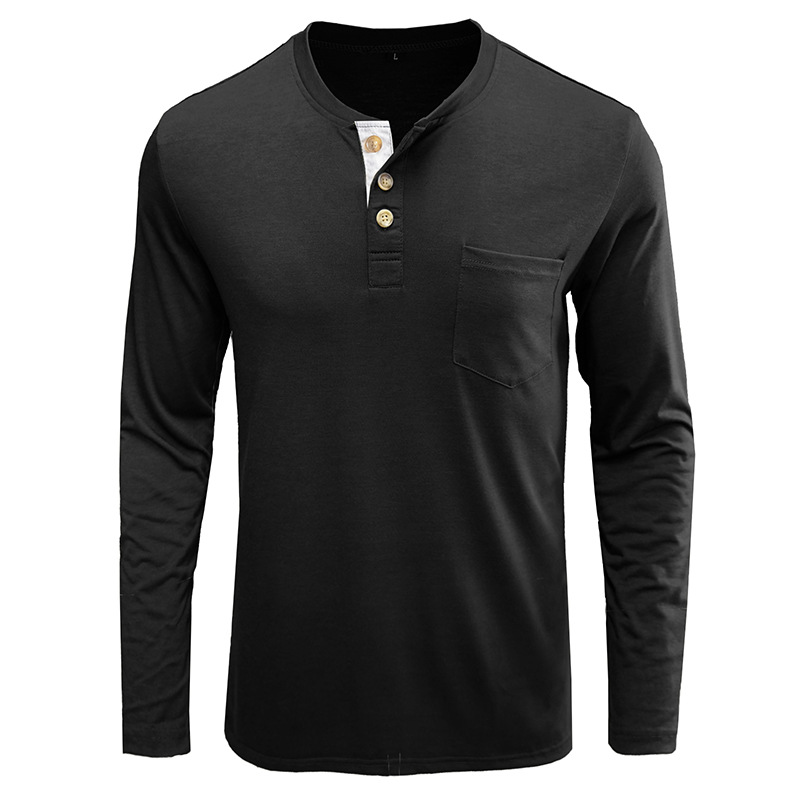 Henley-T-Shirts für Herren mit Knopfleiste, langen Ärmeln und Tasche, entspannte Passform, 100 % schwere Baumwolle_voghion.com