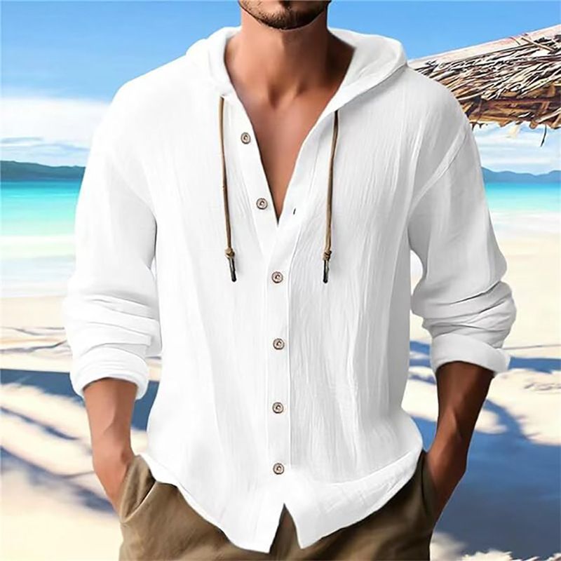 Maglietta casual a maniche lunghe con cappuccio e coulisse in cotone e lino, tinta unita, da uomo, alla moda, da abbinare a qualsiasi outfit, da spiaggia_voghion.com