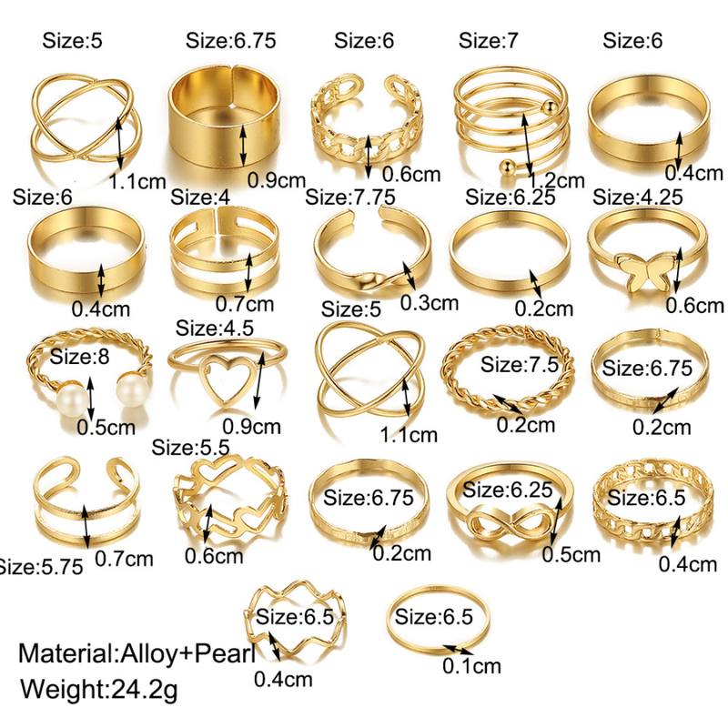 Moda 22 pezzi anelli color oro set per donne vintage geometrica irregolarità croce perla dito hip hop rock anello gioielli di moda_voghion.com