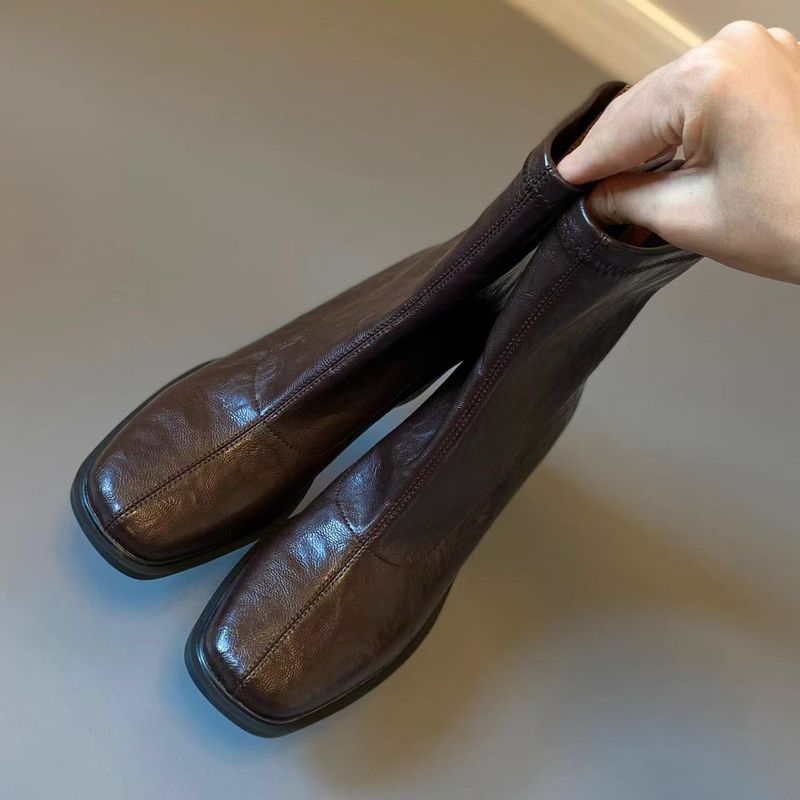 Leise Sohle, kurze Pendelstiefel, hohe Dehnung, schlanke Herbst- und Winterstiefel mit dickem Absatz, neuer Streetstyle_voghion.com