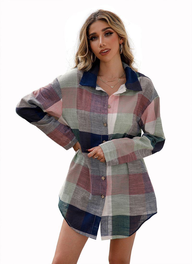 Camicia midi scozzese colorata ampia e casual, top da donna, monopetto, a maniche lunghe, scozzese_voghion.com