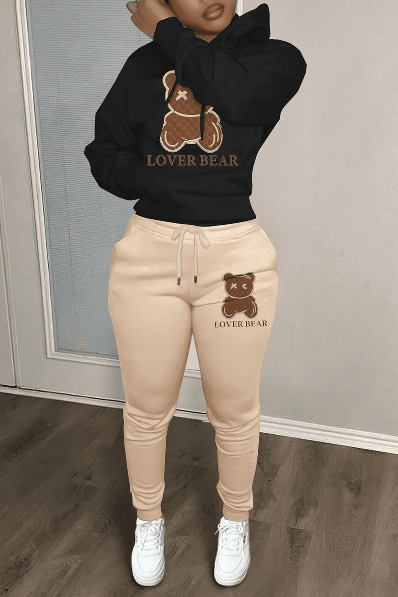 Set di pantaloni della tuta stampati con testa d'orso da donna con cappuccio_voghion.com