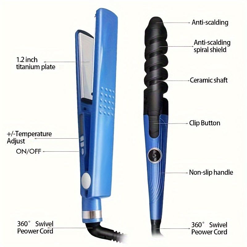 3pcs Hair Styling Kit With Rapid Heating 5 Temp Adjustable Straightener Curling Iron Flat Iron V Brush Travel Home Use Lightweight_voghion.com
