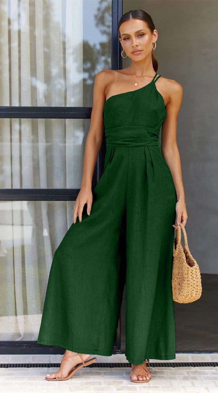 Women's fashion solid color loose wide leg cotton hemp jumpsuit_voghion.com