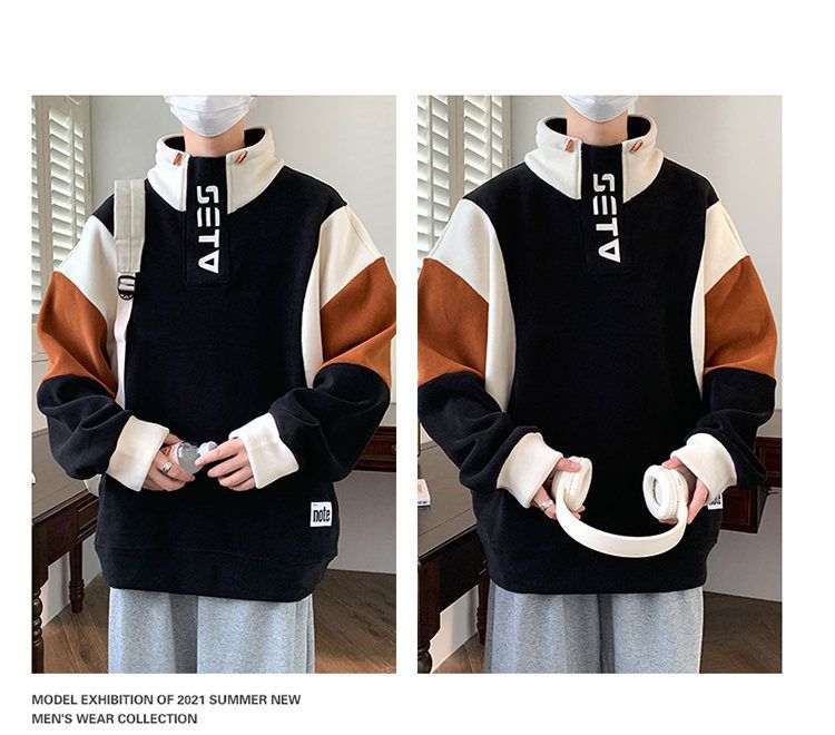 Herbst- und Winter-Kapuzenpullover mit farbigem Kragen für junge Männer plus dicker, langärmliger Fleece-T-Shirt-Basis_voghion.com