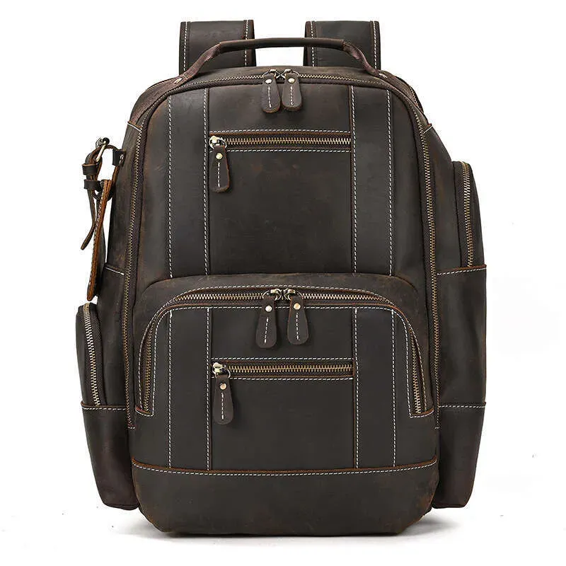 Men's Genuine Crazy Horse Leather Large Capacity Multi-Pocket Travel Backpack Cowhide School Bag_voghion.com