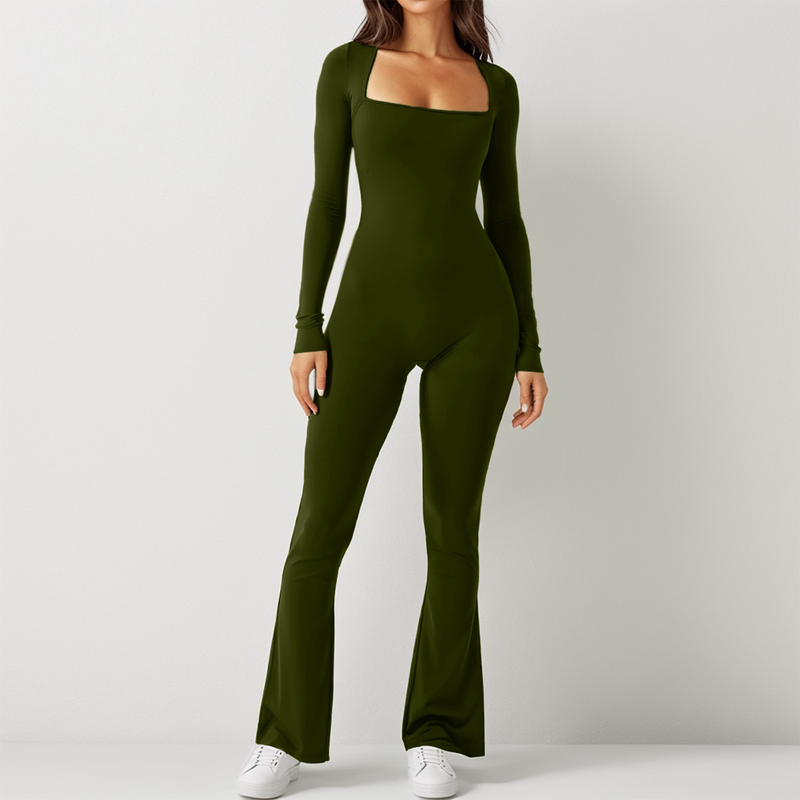 Women's long-sleeved tummy-controlling waist-raising hip-raising square-neck wide-leg high-elastic jumpsuit_voghion.com