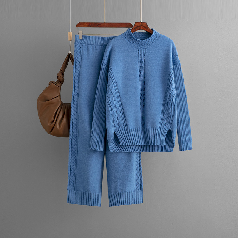 Women's fashion casual knit suit pants loose sweater wide leg trousers long pants two-piece set_voghion.com