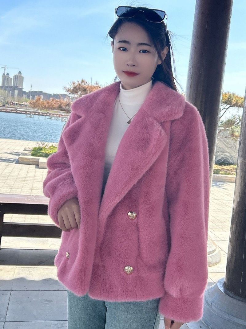 Women's Clothing Luxury Faux Mink Fur Coat - Women's Winter Short Jacket With Notched Collar, Plush Fleece Lining, Elegant & Warm Outerwear_voghion.com