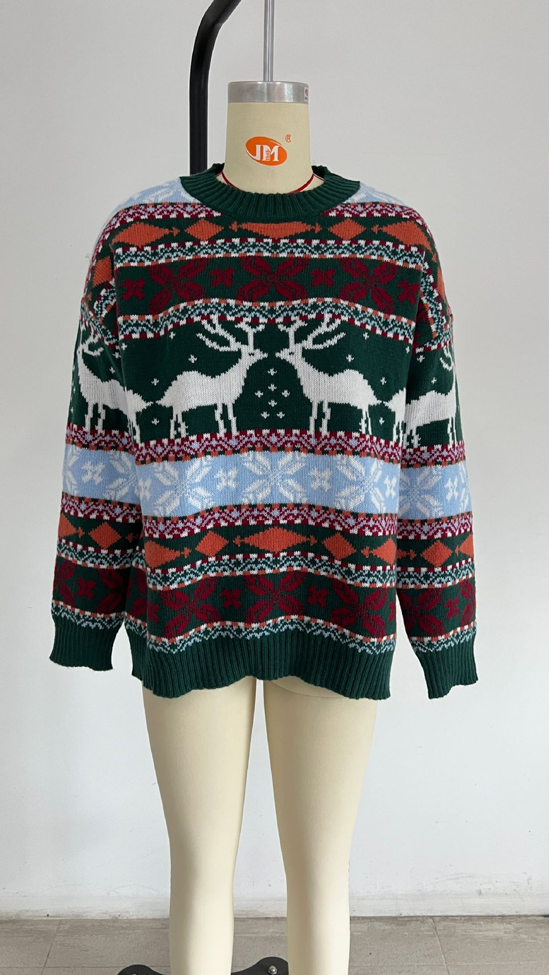 Damenbekleidung, Rundhalsausschnitt, lockerer, fünffarbiger, weihnachtlicher Jacquard-Langarm-Damenpullover_voghion.com
