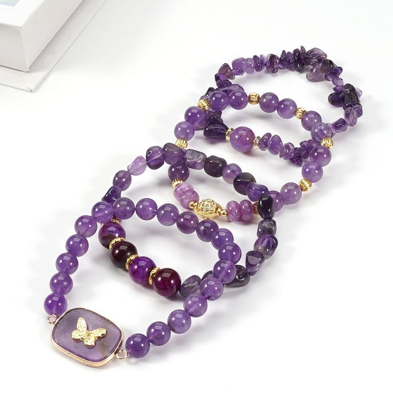 Braccialetto in pietra naturale con perline rotonde in cristallo viola da 8 cm, con etichetta a farfalla, set di personalità semplice_voghion.com