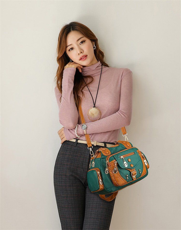 Borsa da donna in pelle lavata di alta qualità, borsa tote in morbida pelle con rivetti retrò, borsa a tracolla multitasche di grande capacità_voghion.com
