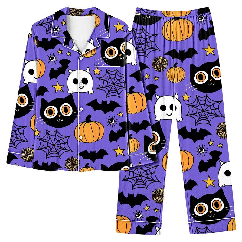 Individuelles Halloween-Pyjama-Set für Damen – Langarm-Button-Down-Oberteil und Lounge-Hose (atmungsaktives Polyester, leicht, XS-4XL, Heim- und Nachtwäsche)_voghion.com