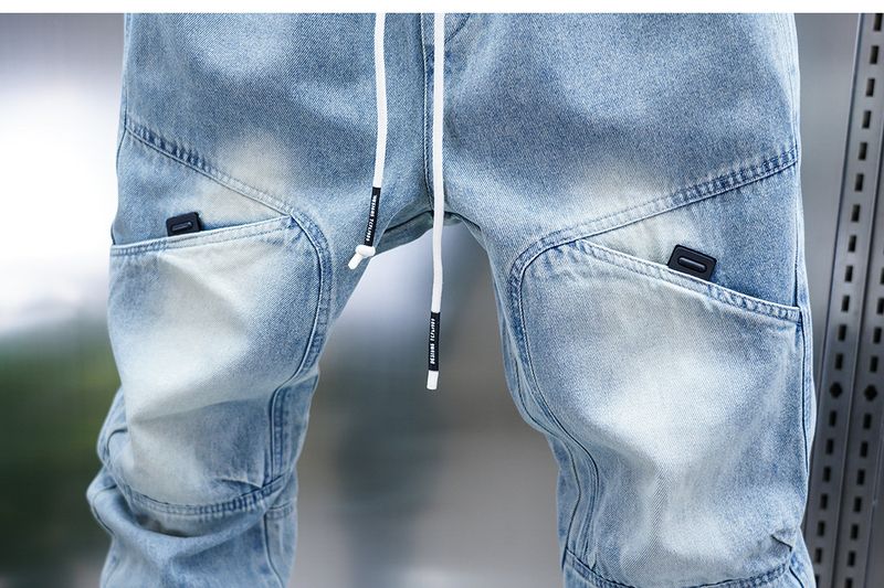 Men's Multi-Pocket Work Jeans – Loose Cuff Washed Denim Pants, Retro Utility Style With Nine-Point Harem Fit_voghion.com