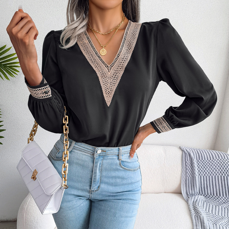 2023 herbst/Winter Temperament Spitze V-ausschnitt Langarm Chiffon Hemd frauen Kleid_voghion.com