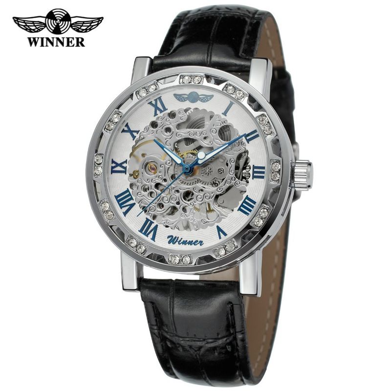 Men's Fashion Skeleton Mechanical Watch With Rhinestones - Hand-Winding Luxury Timepiece, 40mm Leather Strap, Stainless Steel Buckle_voghion.com