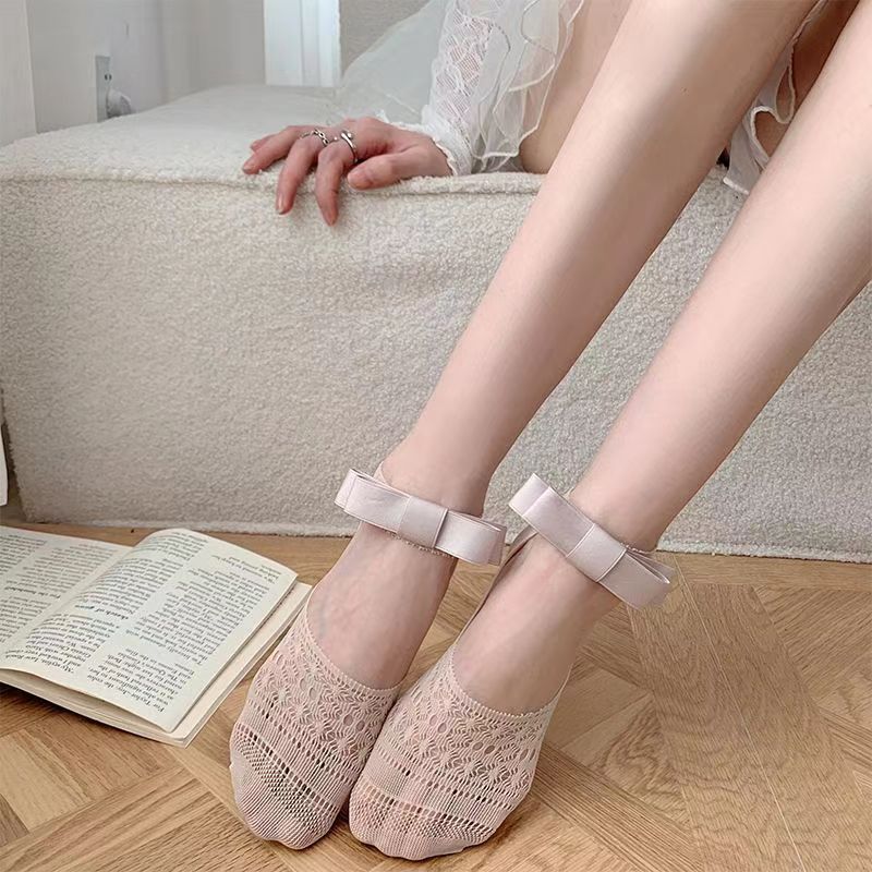 Calzini da barca in pizzo invisibile con fiocco sottile estivo da donna, antiscivolo, con tacco, corti e bassi, alla moda_voghion.com