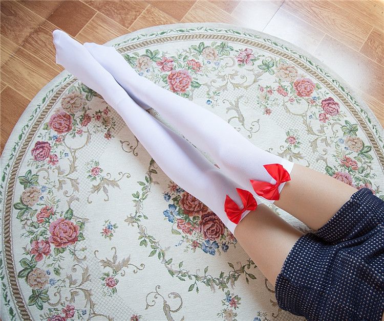 Aksamitne pończochy kokarda kuszące damskie zabawne pończochy japońskie słodkie podkolanówki hurtowo_voghion.com