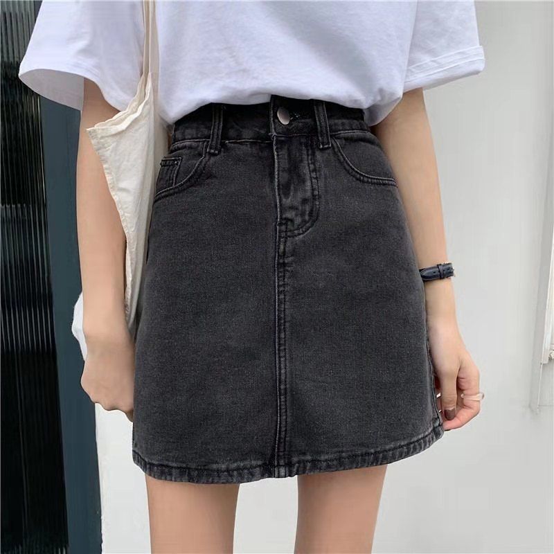 INS Black Half 2024 New Spring/Summer Korean Version Versatile High Waist A-line Wrapped Hip Denim Short Skirt for Women_voghion.com