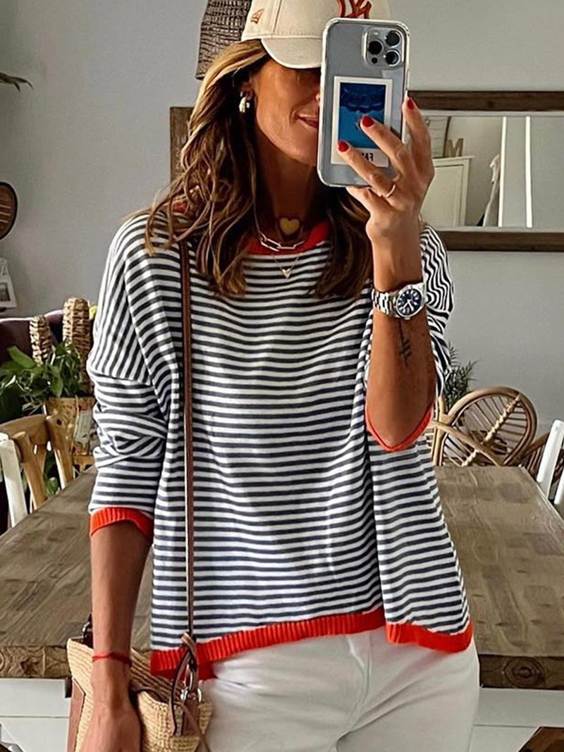 Women's Sweater Contrast Striped Crew Neck Side Stripe Pullovers_voghion.com