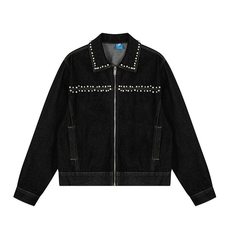 Amerikanischer Stil Perlendesign Abgesteppter gewaschener Denim Unisex Neue lose vielseitige kurze Jacke trendig_voghion.com