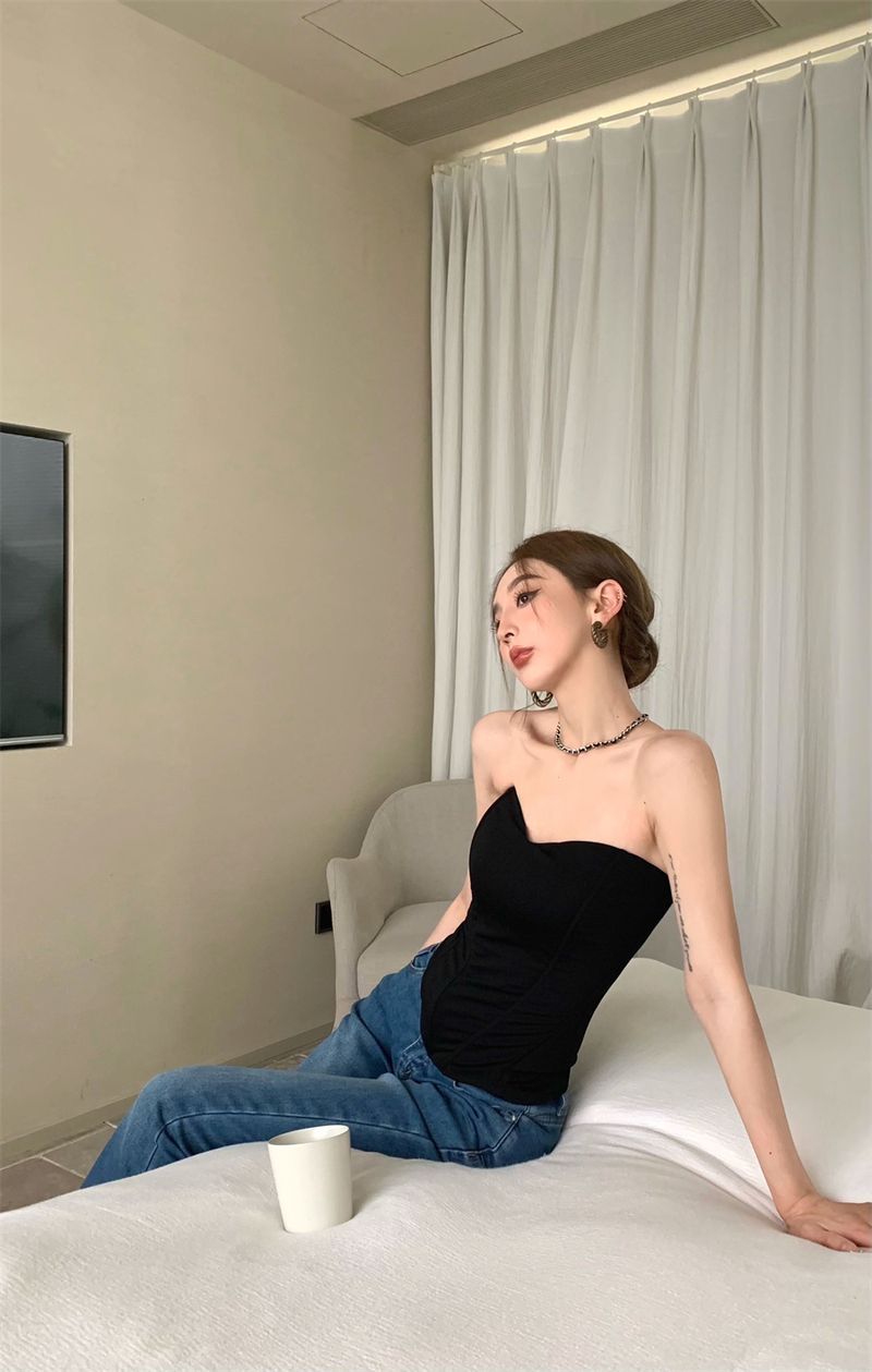 Würzige sexy Fischgrätenweste für Damen, Sommer, schwarz, elegant, trägerlos, kurzes Top für Innen- und Außenbekleidung_voghion.com