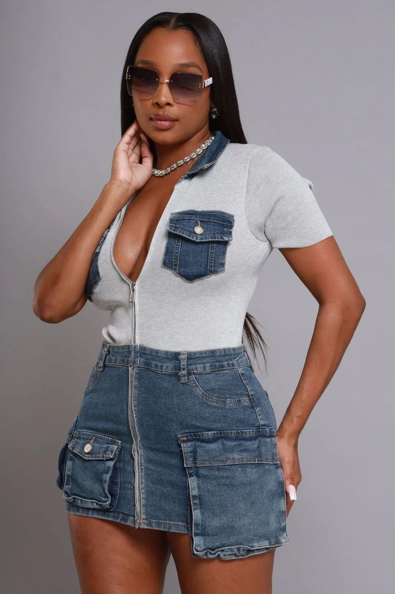 Abito in denim aderente sexy con tasca e cerniera a maniche corte, da donna_voghion.com