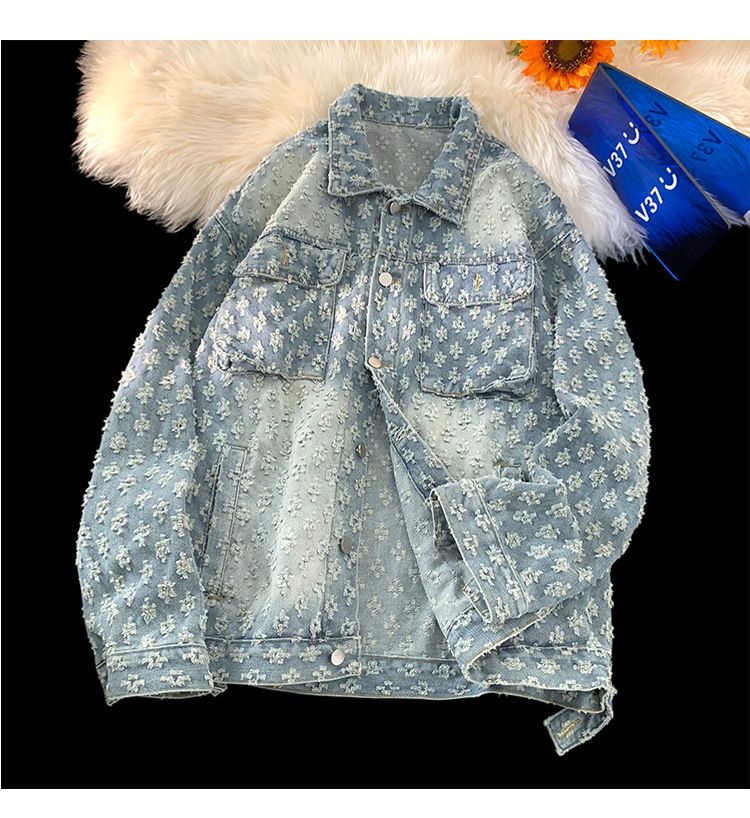 Herrenbekleidung Modemarke Retro Washed Distressed Jacquard Jeansjacke Lockere, lässige, vielseitige Paarjacke mit Volldruck_voghion.com