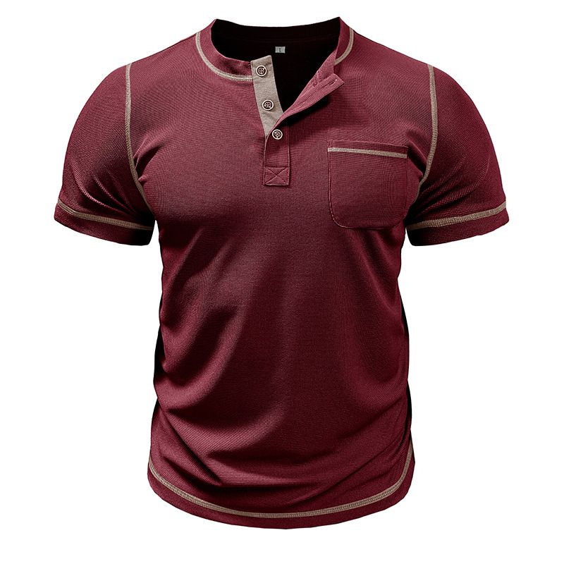 2024 Europäische und amerikanische Herrenbekleidung Rundhalsausschnitt Waffel Henry Kurzarm-T-Shirt Außenhandel Herrenknöpfe Kontrastierende helle Linie Boden_voghion.com