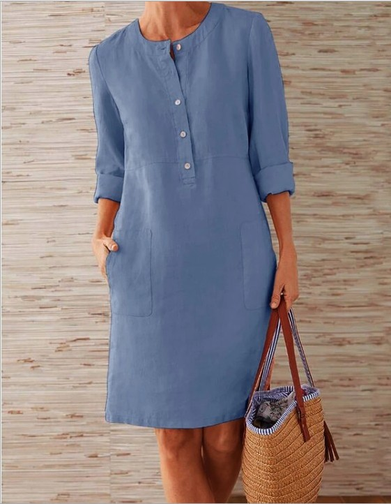 Abito da donna in cotone e lino con scollo rotondo e maniche lunghe_voghion.com