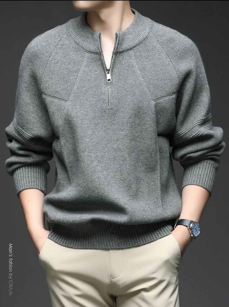 Maglione da uomo in maglia con mezza zip, modello casual di ispirazione coreana, con elastico e confortevole (beige/grigio/nero, M-XXXXL)_voghion.com