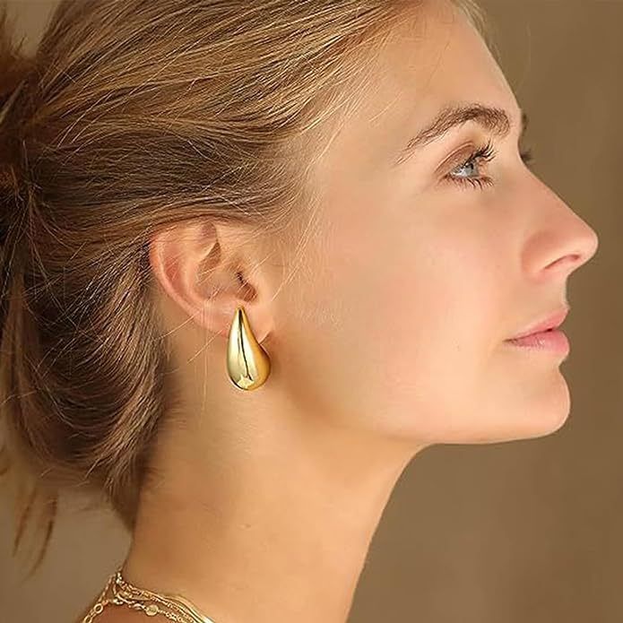 Stainless steel hollow teardrop earrings high end real gold plated simple style teardrop earrings_voghion.com