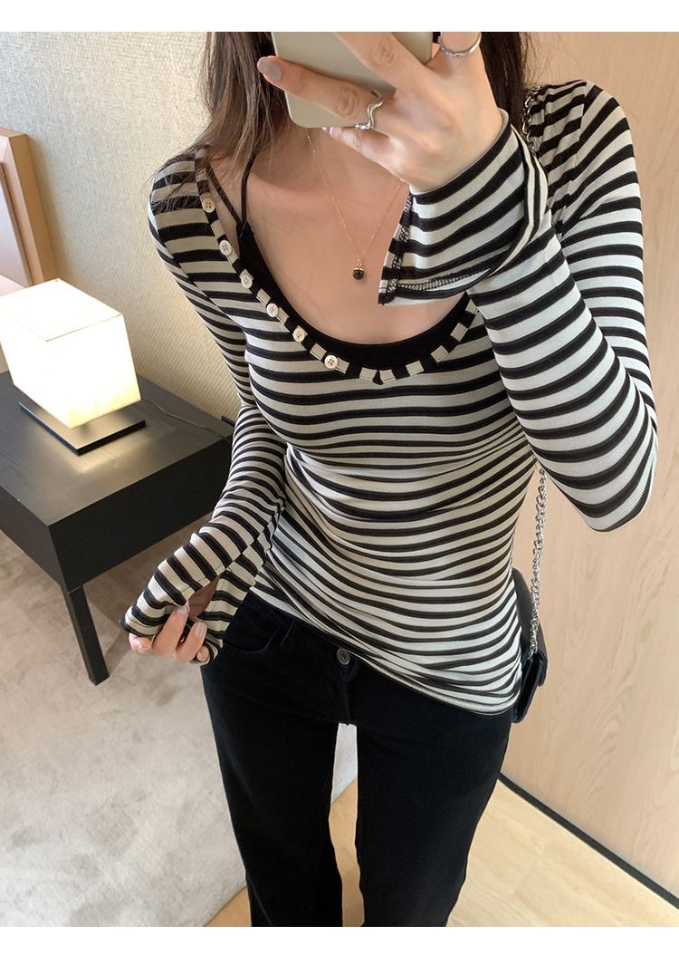 Camiseta feminina de manga comprida com decote em V e listras largas, estilo novo de outono, base de camada interna adelgaçante que aperta a cintura_voghion.com