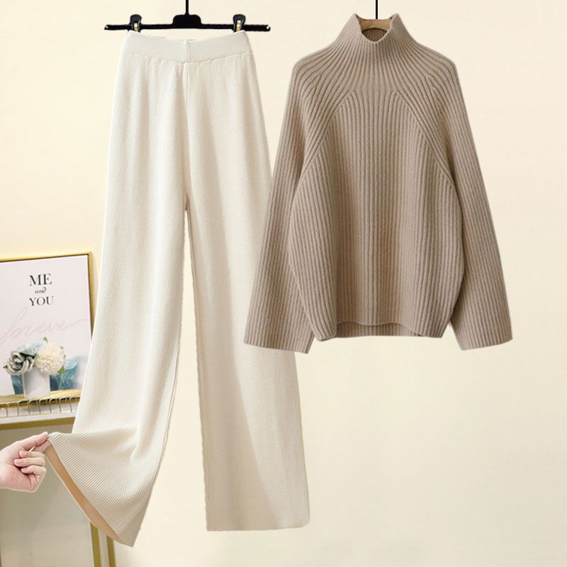 Damen Winter-Strickset – Rollkragenpullover & weite Hose (2-teiliges Outfit)_voghion.com