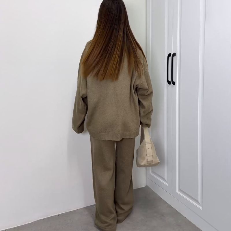 Lässiges, elegantes Outfit-Set für Damen – Strickjacke mit V-Ausschnitt und hoch taillierte Hose mit weitem Bein (7 Farben, Übergrößen geeignet)_voghion.com