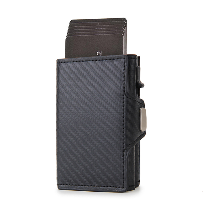 Dienqi carteira masculina de fibra de carbono, carteira pequena com três dobras em couro preto e mágico, bolsa pequena para dinheiro_voghion.com