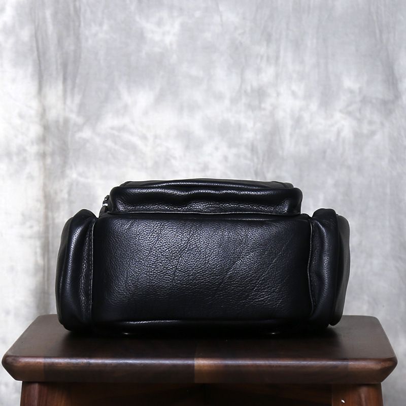 Black men's backpack, new casual leather small backpack, top layer cowhide chest bag, multifunctional travel crossbody bag_voghion.com