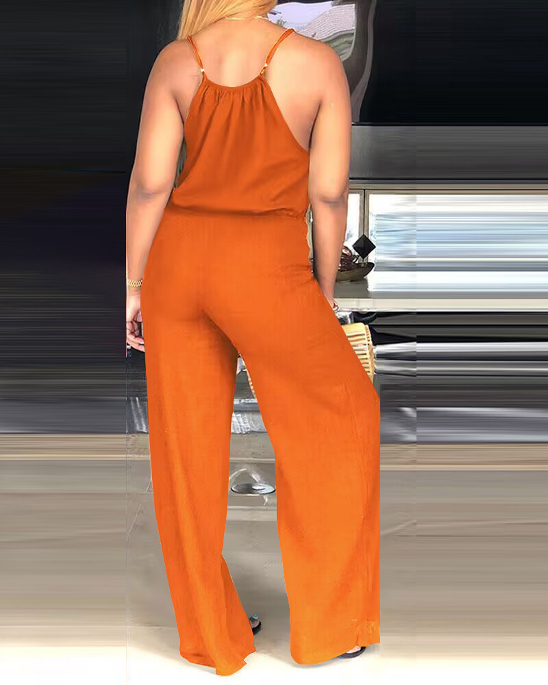 Tuta casual da donna senza maniche in cotone e lino tinta unita con coulisse_voghion.com