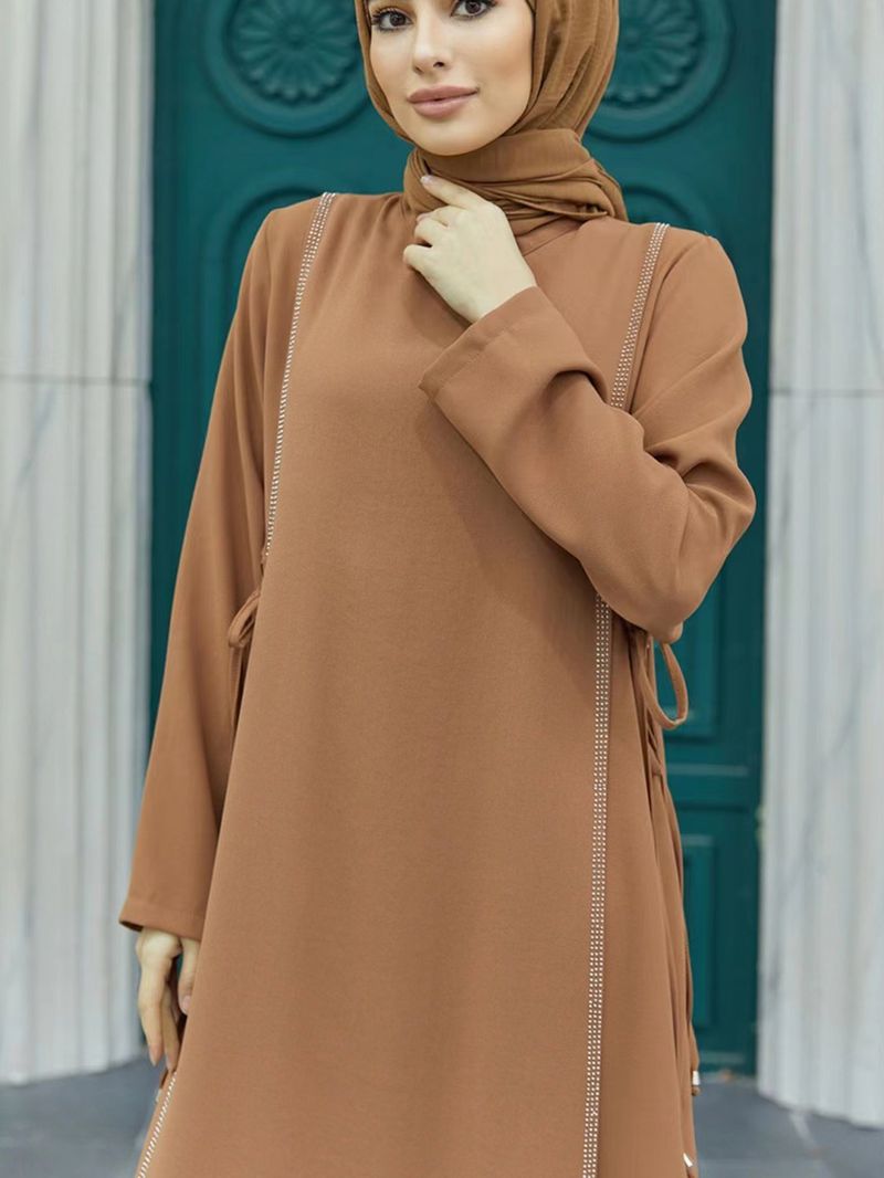 Gonna lunga semplice da donna, con scollo rotondo, ampia, a trapezio, a maniche lunghe, in pizzo, per il commercio estero in Medio Oriente_voghion.com