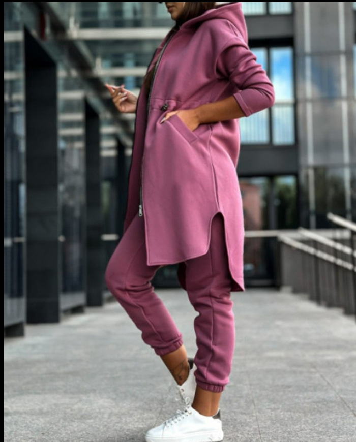 Zweiteiliges Set mit modischem, lässigem Kapuzen-Fleece-Hoodie-Mantel für Damen_voghion.com