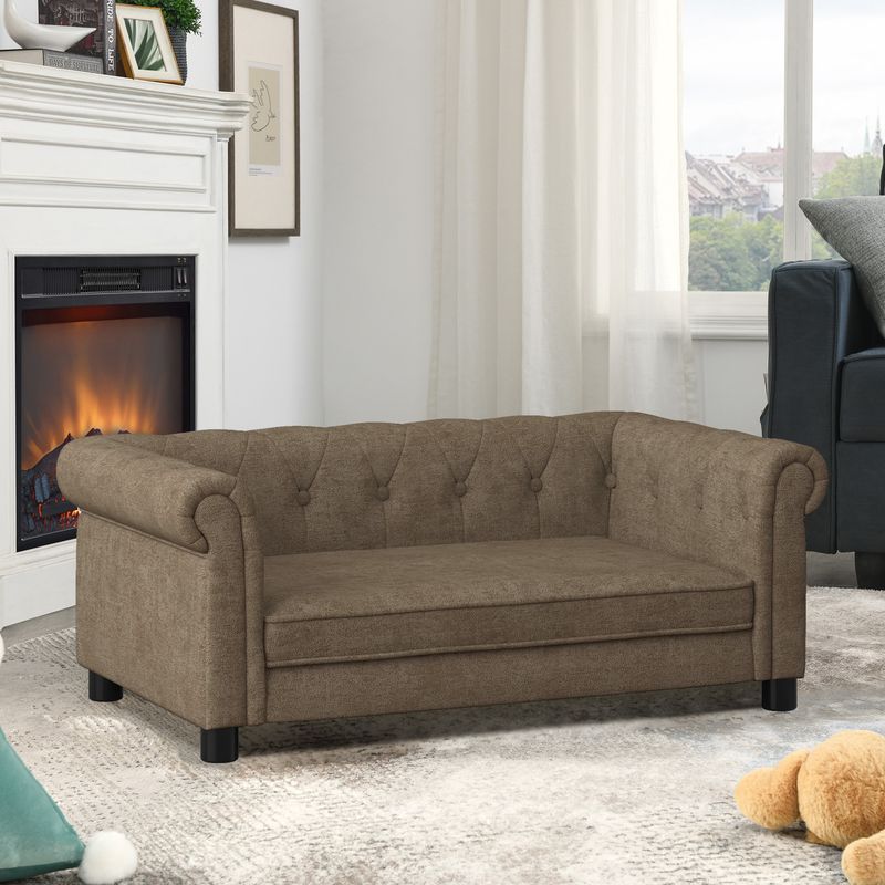 Elegant Rectangular Pet Bed For Small And Medium-sized Dogs, Durable Elevated Dog Sofa Bed, Comfortable Dog Sofa, Modern And Fashionable Linen Fabric Dog Sofa-Brown_voghion.com